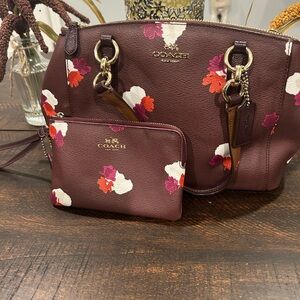Coach Burgundy Floral Satchel and Pouch Set